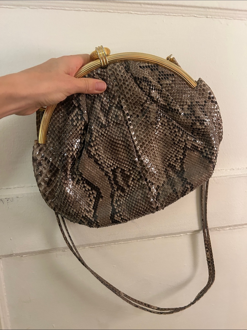 STUNNING JUDITH LIEBER Python-Texture Brown Snake Print Bag with Gold Accent